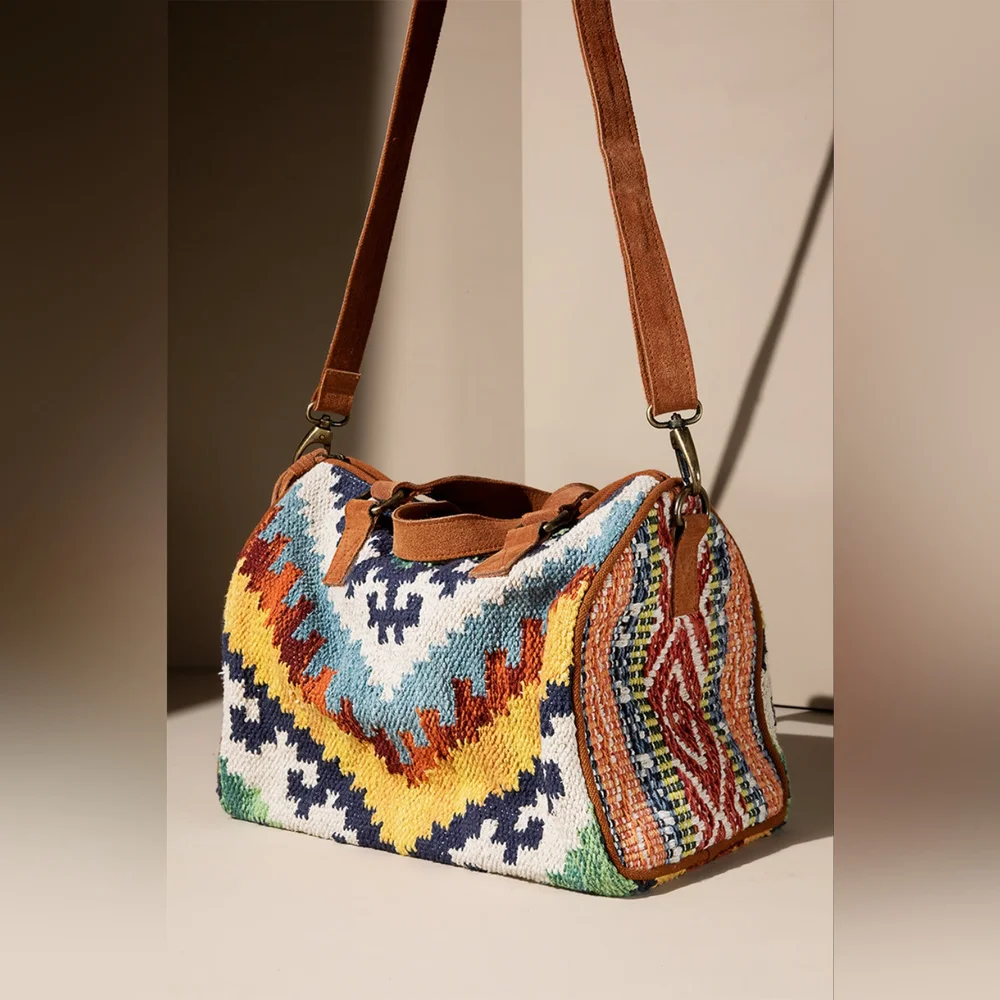 Handmade Boho Chic Satchel / Boston Bag - Navajo Aztec Inspired Design - Picture 4 of 10